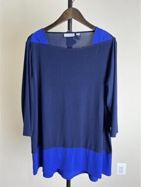 Susan Graver 1X Colorblock Tunic Top Blue Navy Stretch 3/4 Sleeve Plus Size